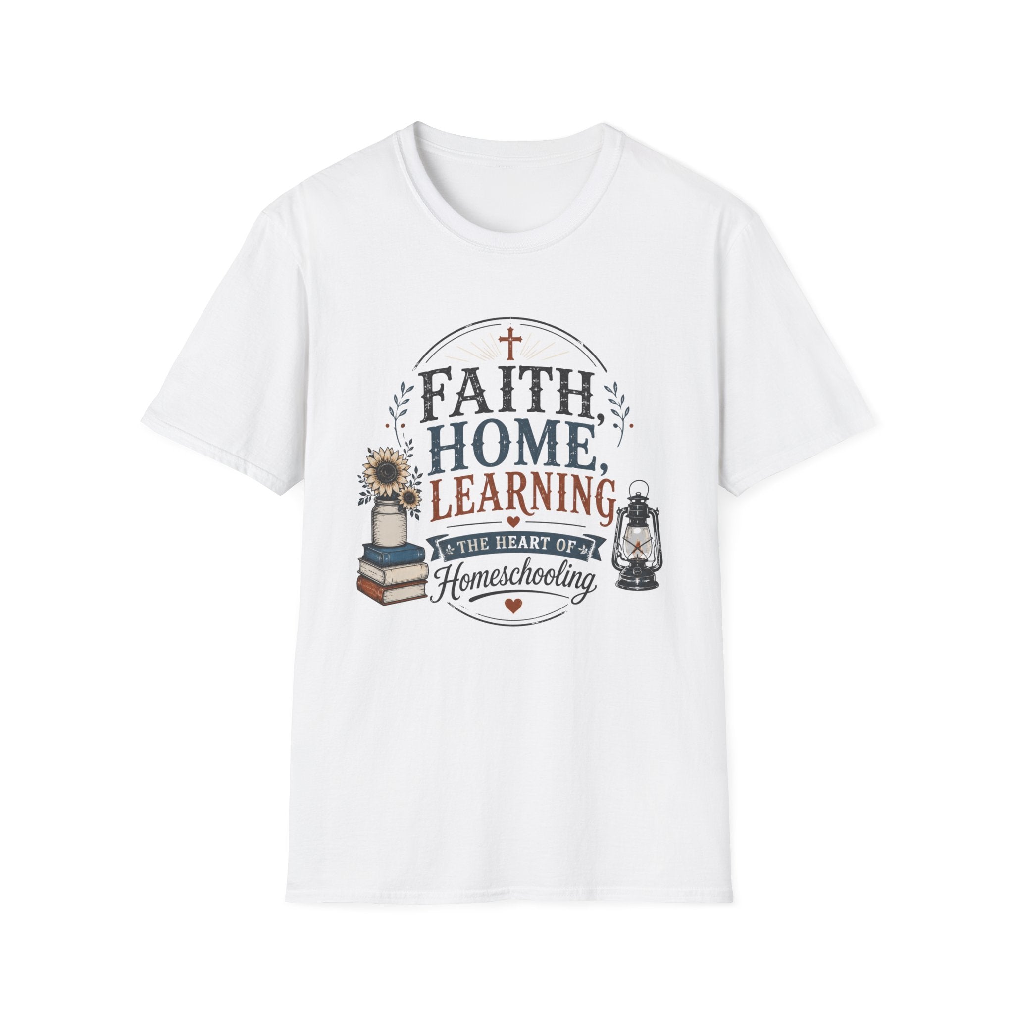 Faith Home Learning homeschool mom graphic t-shirt with a faith-filled homeschool design with gentle lettering and classic illustrative details