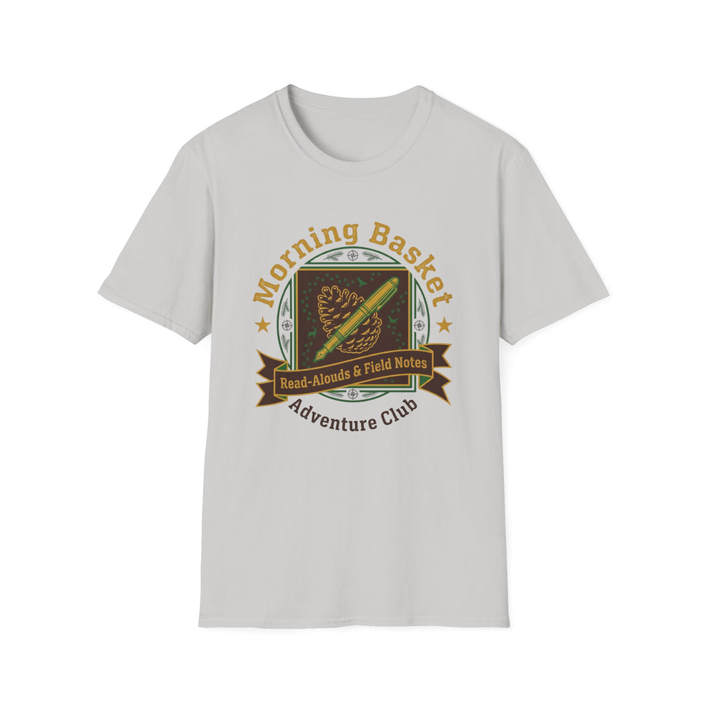Morning Basket Adventure Club homeschool mom graphic t-shirt with a cozy morning basket-inspired design with books, gentle details, and home learning charm