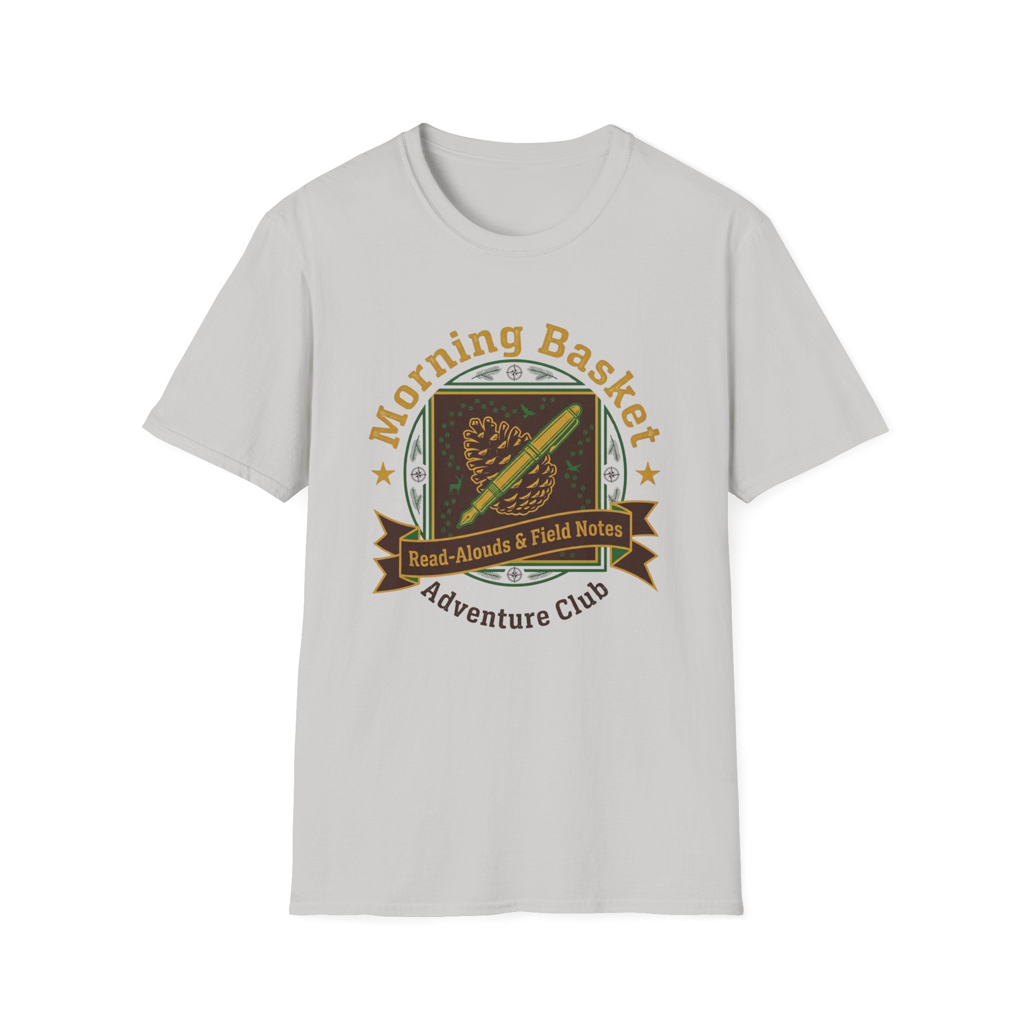 Morning Basket Adventure Club homeschool mom graphic t-shirt with a cozy morning basket-inspired design with books, gentle details, and home learning charm