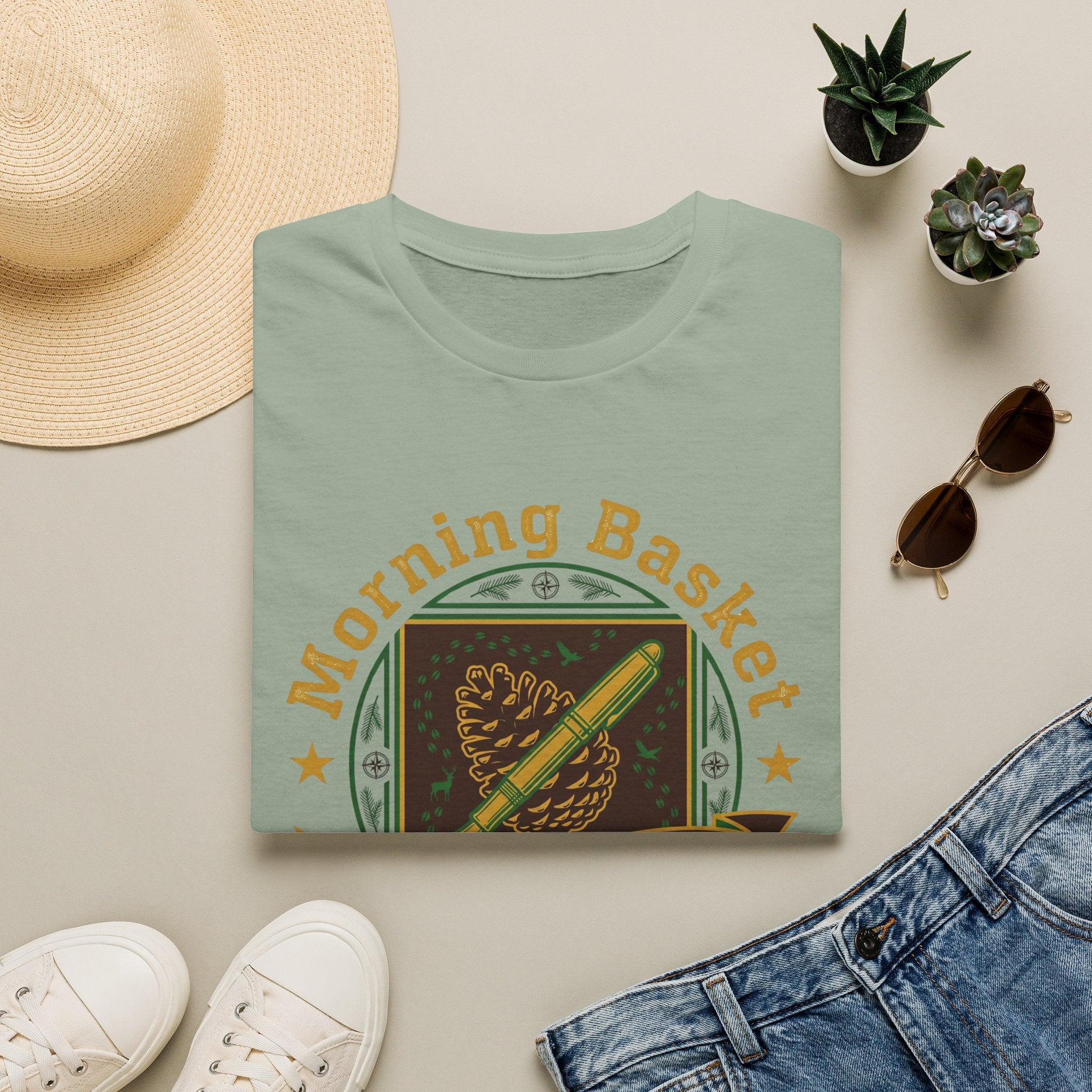 Morning Basket Adventure Club homeschool mom graphic t-shirt with a cozy morning basket-inspired design with books, gentle details, and home learning charm