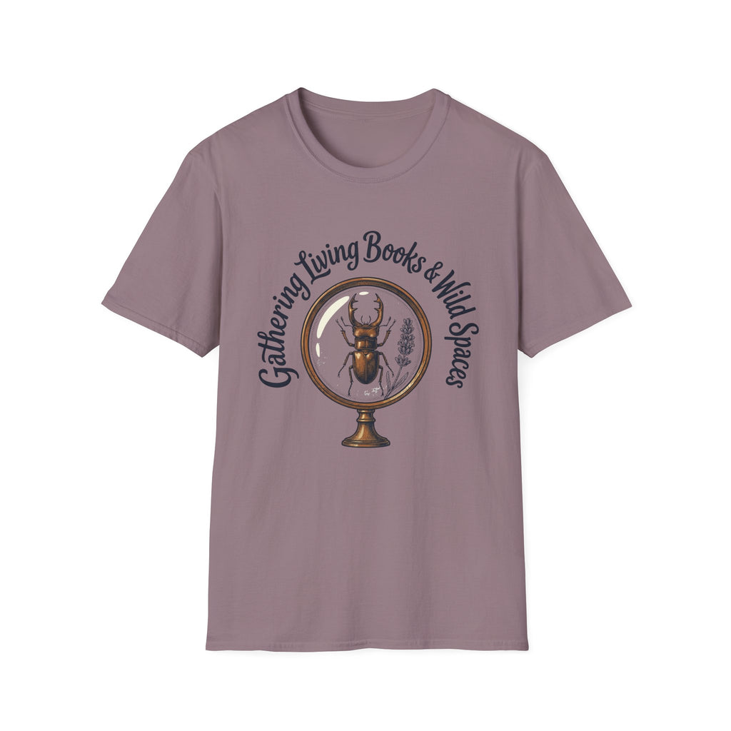 Gathering Living Books homeschool mom graphic t-shirt with a gathered-at-home inspired graphic with books, florals, and cozy family learning details