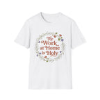 Holy Work homeschool mom graphic t-shirt with a faith-filled homeschool design with gentle lettering and classic illustrative details