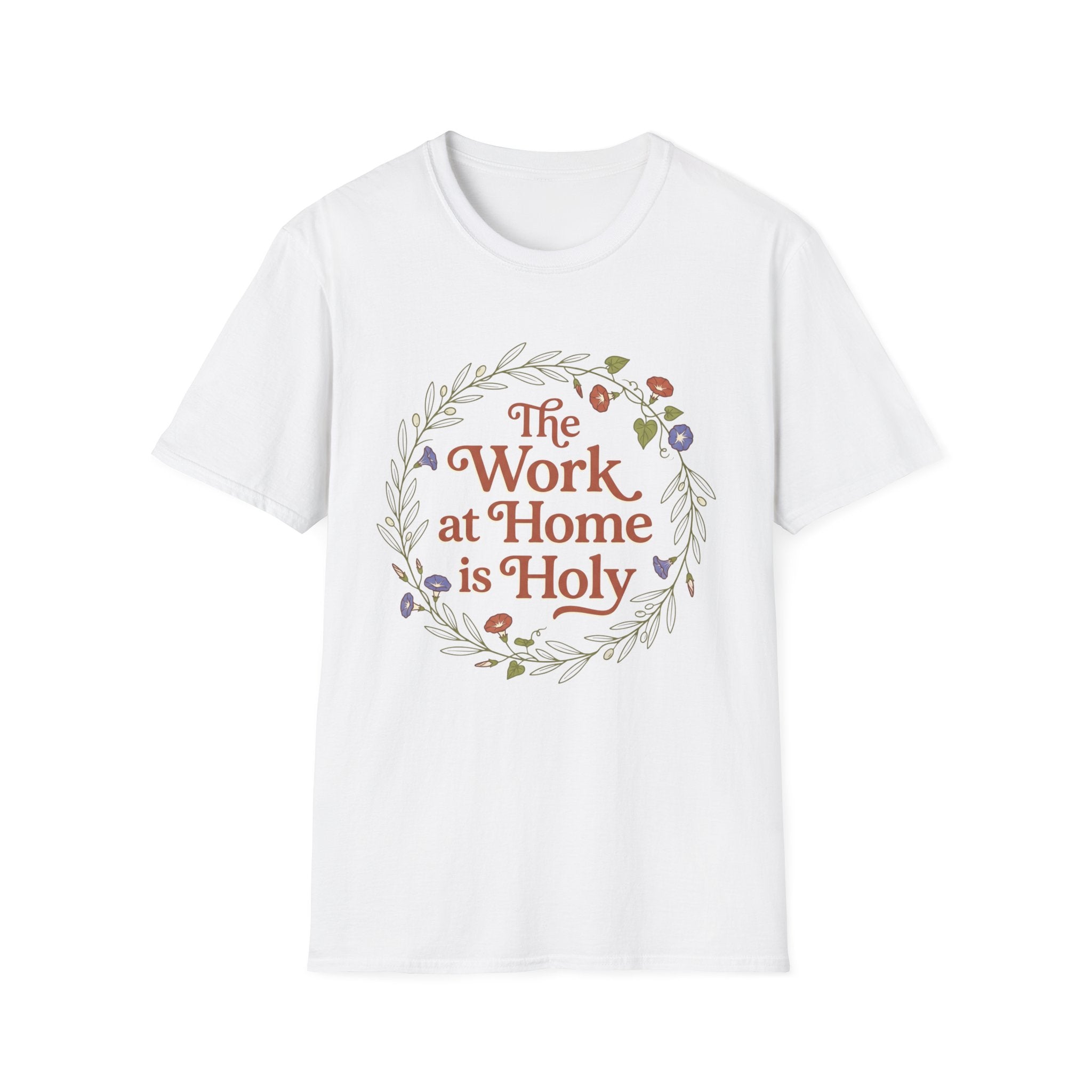 Holy Work homeschool mom graphic t-shirt with a faith-filled homeschool design with gentle lettering and classic illustrative details