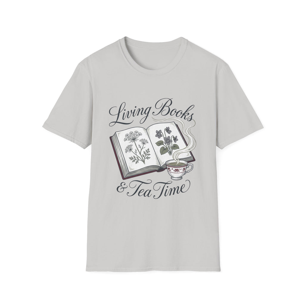 Living Books & Tea Time homeschool mom graphic t-shirt with a Charlotte Mason-inspired design with books, nature details, and vintage homeschool charm