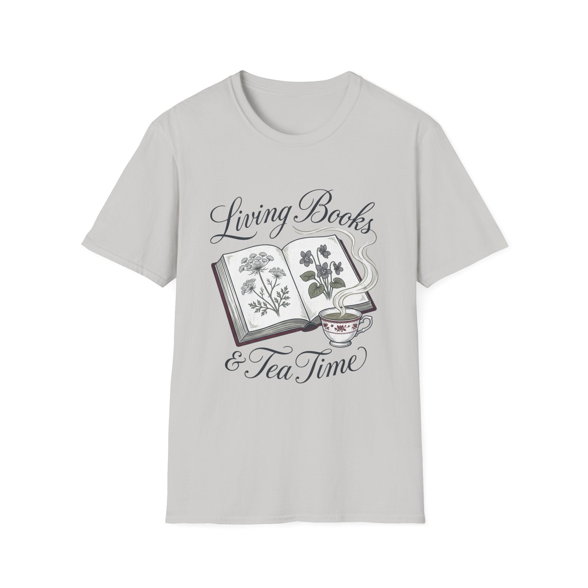 Living Books & Tea Time homeschool mom graphic t-shirt with a Charlotte Mason-inspired design with books, nature details, and vintage homeschool charm
