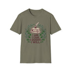 I Can I Am I Ought I Will homeschool mom graphic t-shirt with a Charlotte Mason-inspired design with nature details, bookish elements, and classic homeschool lettering