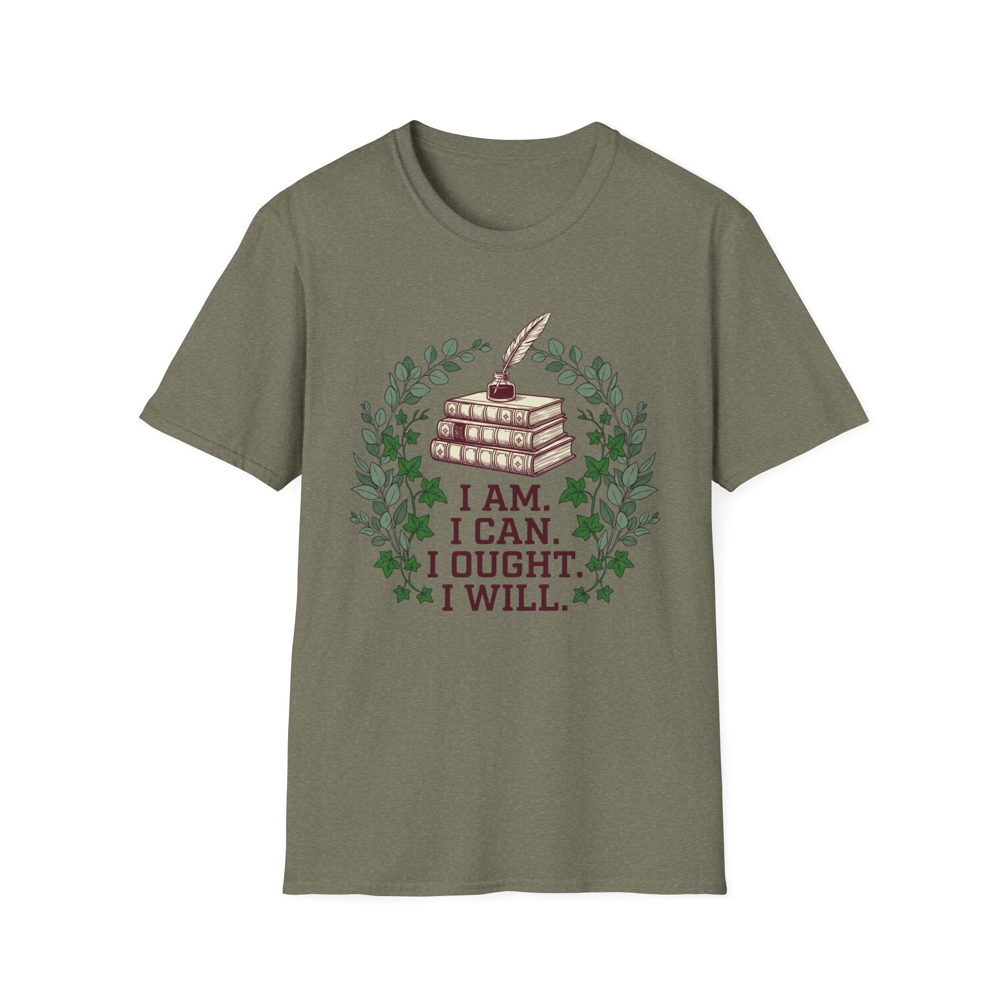 I Can I Am I Ought I Will homeschool mom graphic t-shirt with a Charlotte Mason-inspired design with nature details, bookish elements, and classic homeschool lettering