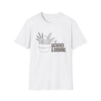 Gathered And Growing homeschool mom graphic t-shirt with a gathered-at-home inspired graphic with books, florals, and cozy family learning details