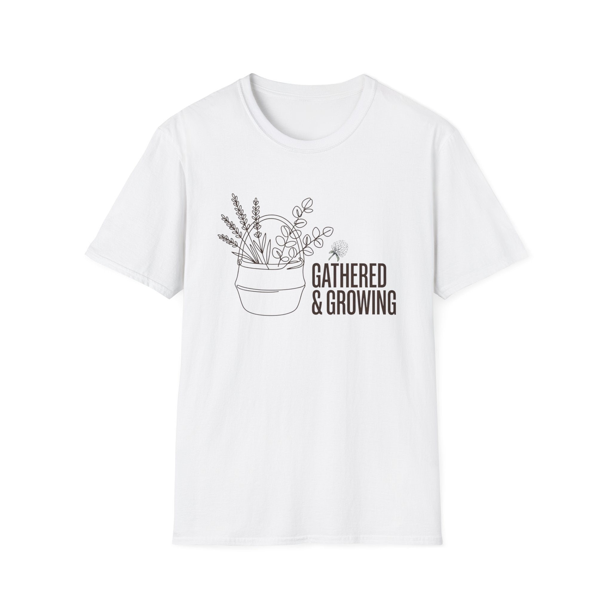 Gathered And Growing homeschool mom graphic t-shirt with a gathered-at-home inspired graphic with books, florals, and cozy family learning details