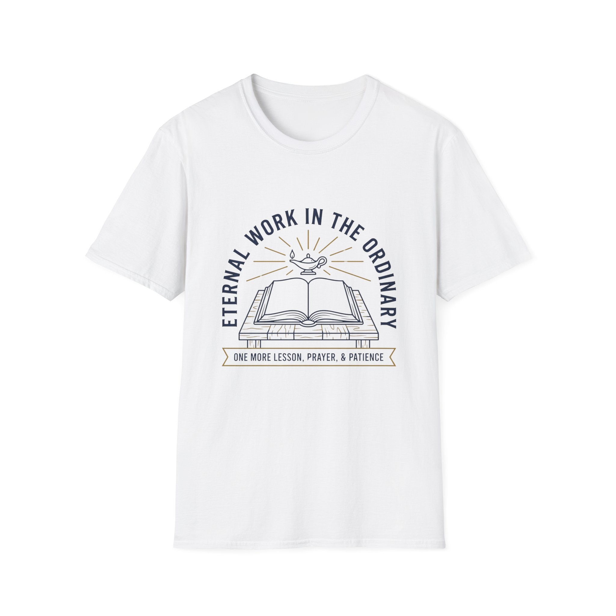 Eternal Work In The Ordinary homeschool mom graphic t-shirt with a faith-filled homeschool design with gentle lettering and classic illustrative details