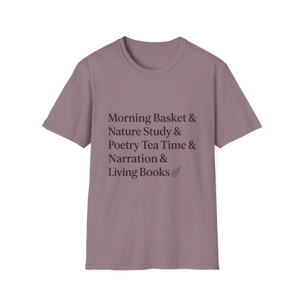 Living Books Check List homeschool mom graphic t-shirt with a playful checklist-style homeschool graphic with bookish and nature-inspired details