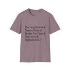 Living Books Check List homeschool mom graphic t-shirt with a playful checklist-style homeschool graphic with bookish and nature-inspired details