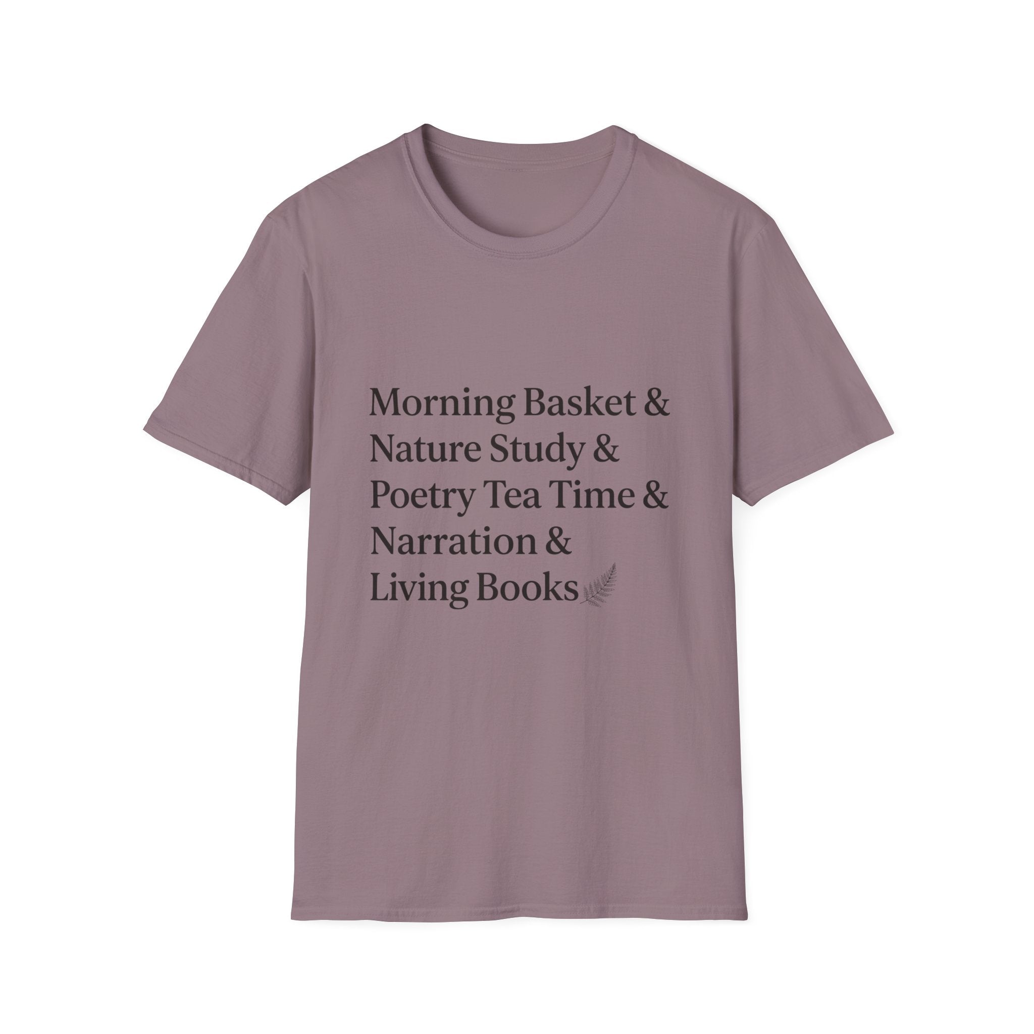 Living Books Check List homeschool mom graphic t-shirt with a playful checklist-style homeschool graphic with bookish and nature-inspired details