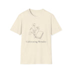 Cultivating Wonder with Flowers homeschool mom graphic t-shirt with a Charlotte Mason-inspired design with books, nature details, and vintage homeschool charm