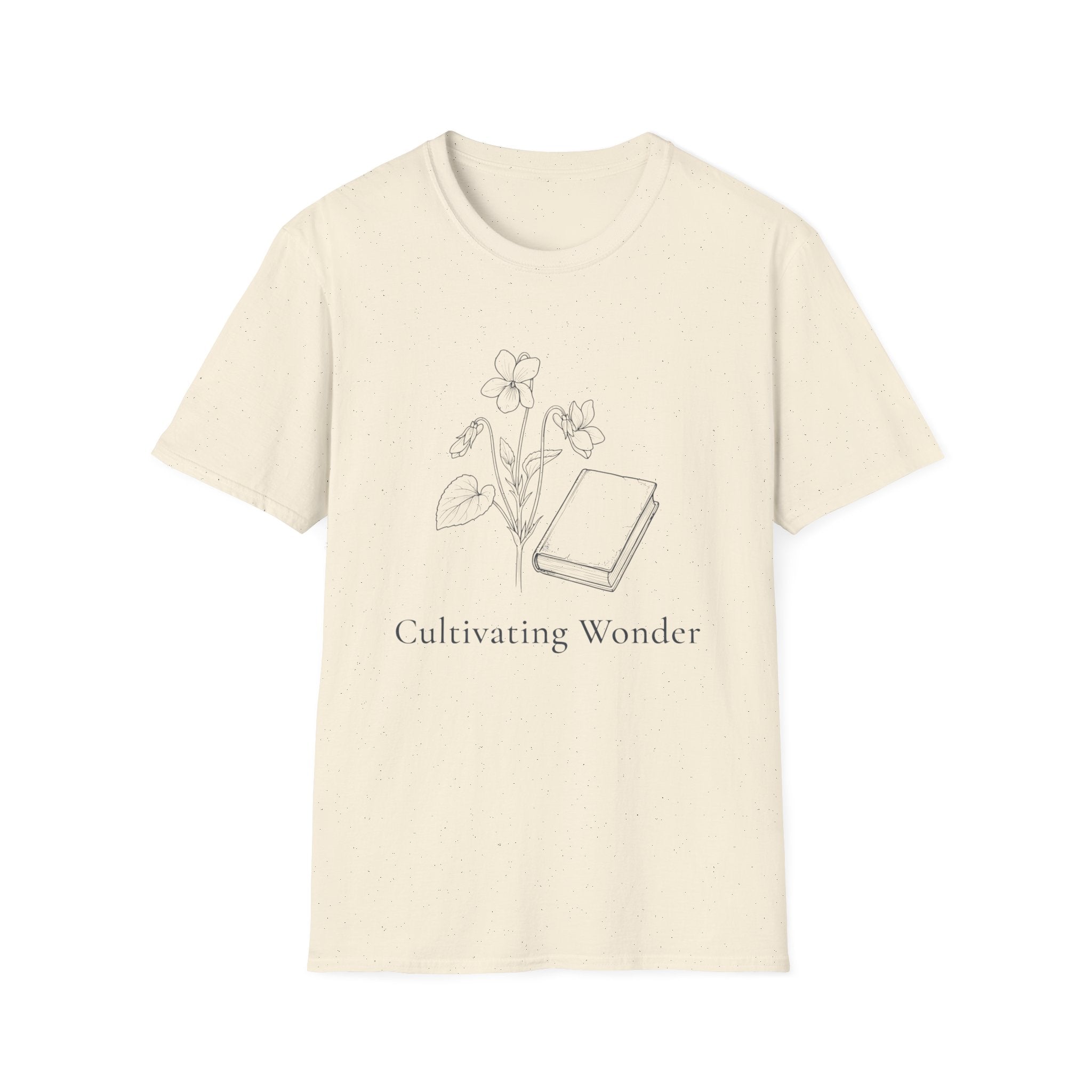Cultivating Wonder with Flowers homeschool mom graphic t-shirt with a Charlotte Mason-inspired design with books, nature details, and vintage homeschool charm