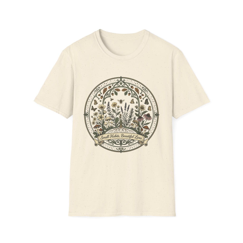 Small Habits Beautiful Lives homeschool mom graphic t-shirt with a warm homeschool-inspired graphic with thoughtful lettering