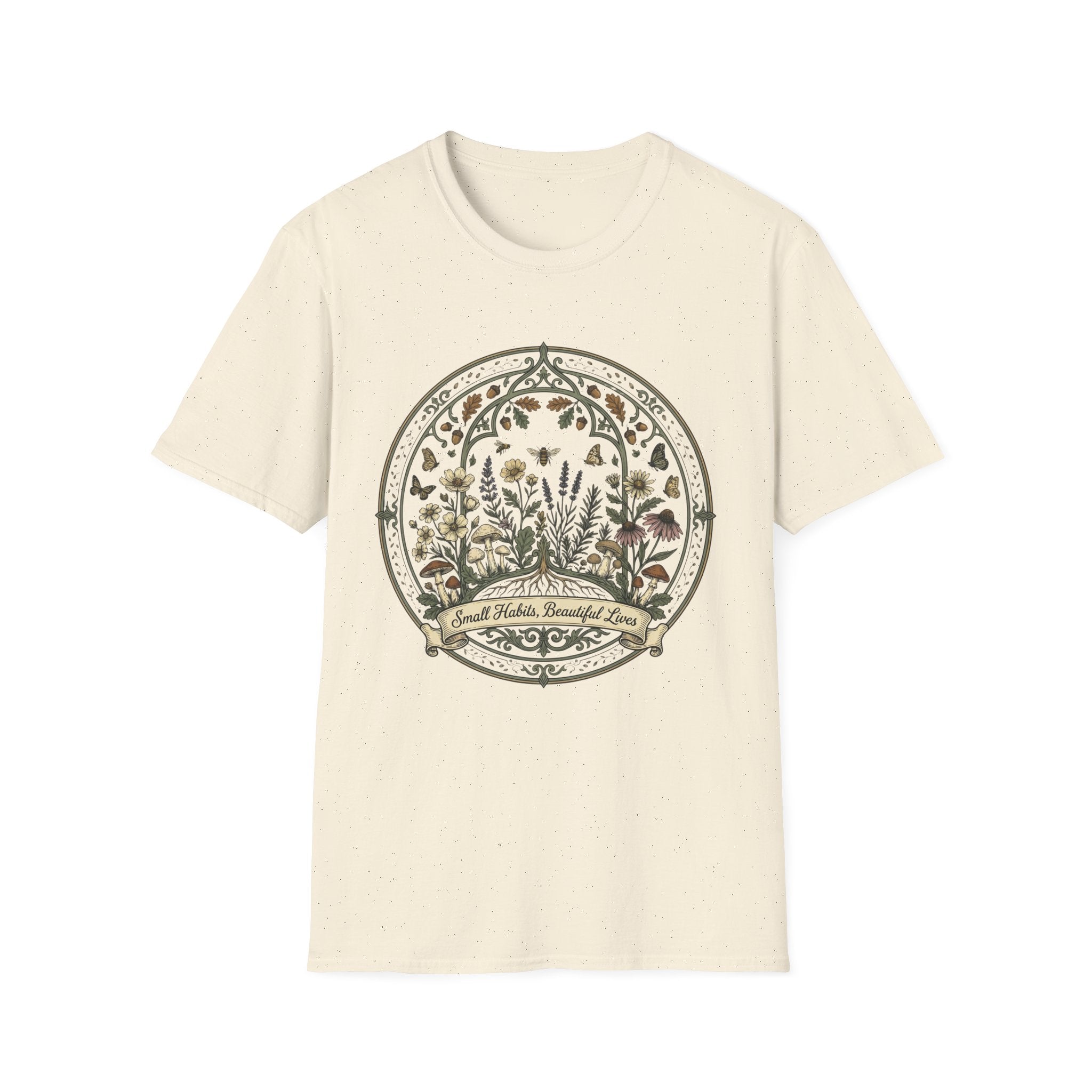 Small Habits Beautiful Lives homeschool mom graphic t-shirt with a warm homeschool-inspired graphic with thoughtful lettering