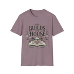 She Builds Her House homeschool mom graphic t-shirt with a faith-filled homeschool design with gentle lettering and classic illustrative details