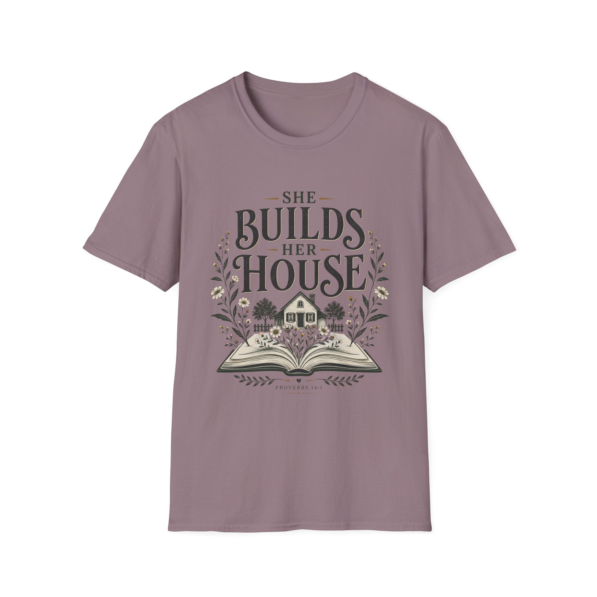 She Builds Her House homeschool mom graphic t-shirt with a faith-filled homeschool design with gentle lettering and classic illustrative details