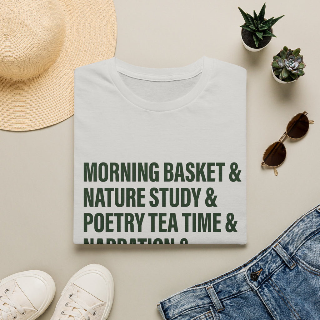 Narration Check List homeschool mom graphic t-shirt with a playful checklist-style homeschool graphic with bookish and nature-inspired details