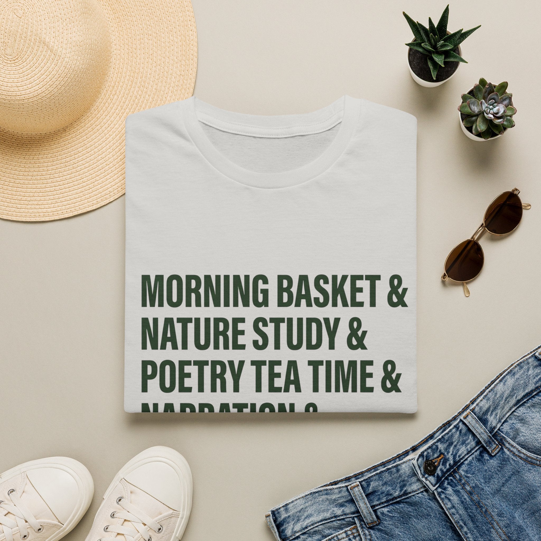 Narration Check List homeschool mom graphic t-shirt with a playful checklist-style homeschool graphic with bookish and nature-inspired details