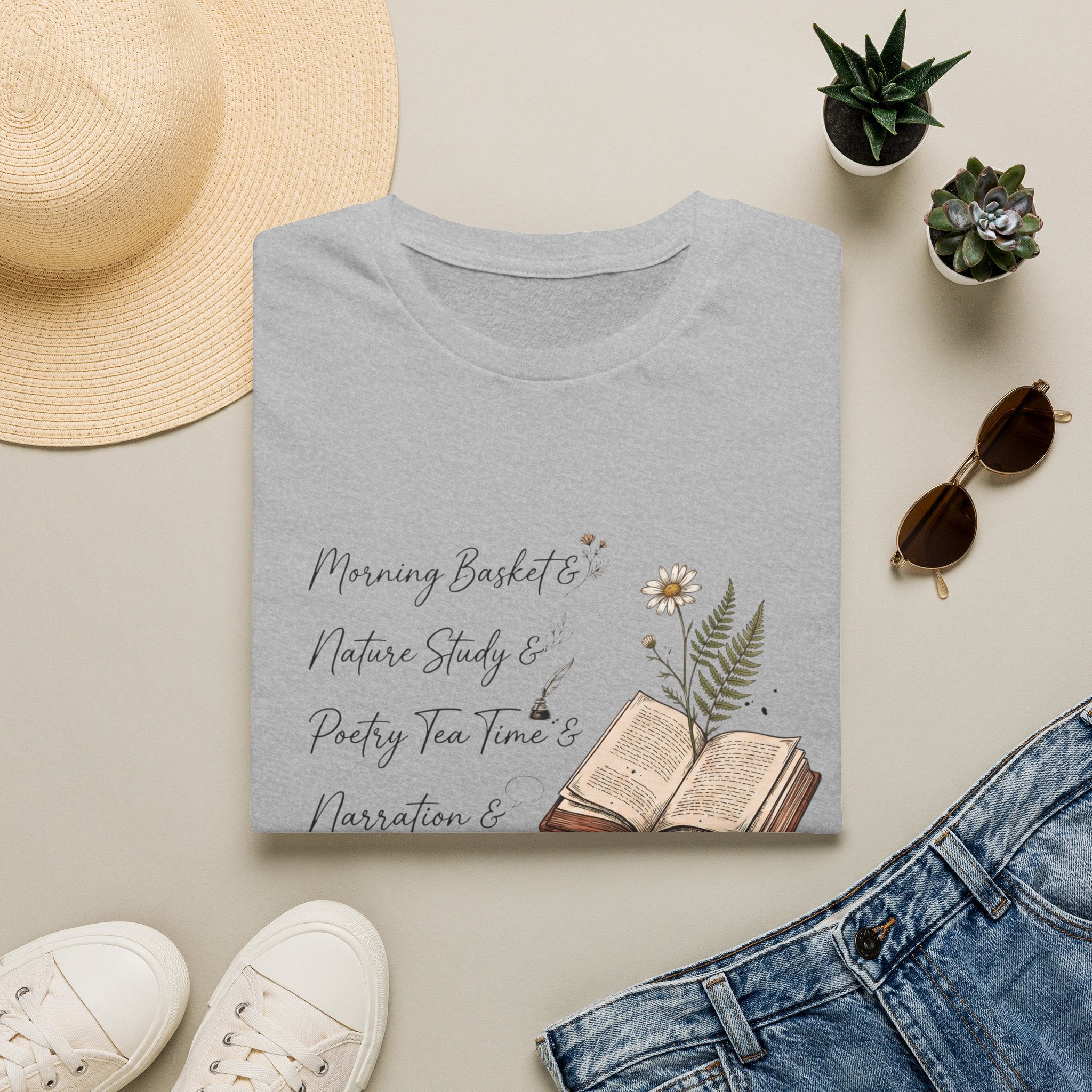 CM Homeschool Check List homeschool mom graphic t-shirt with a playful checklist-style homeschool graphic with bookish and nature-inspired details