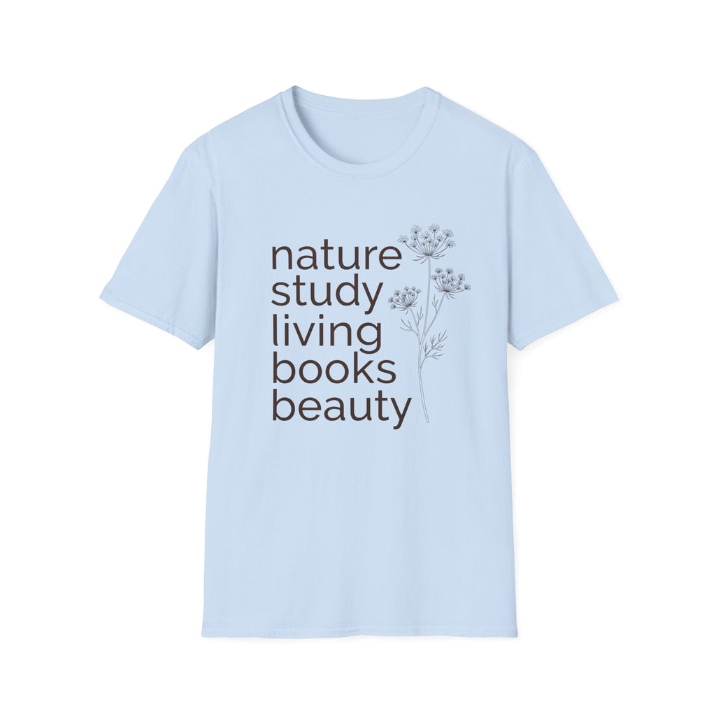 Nature Study, Living Books, Beauty homeschool mom graphic t-shirt with a faith-filled homeschool design with gentle lettering and classic illustrative details