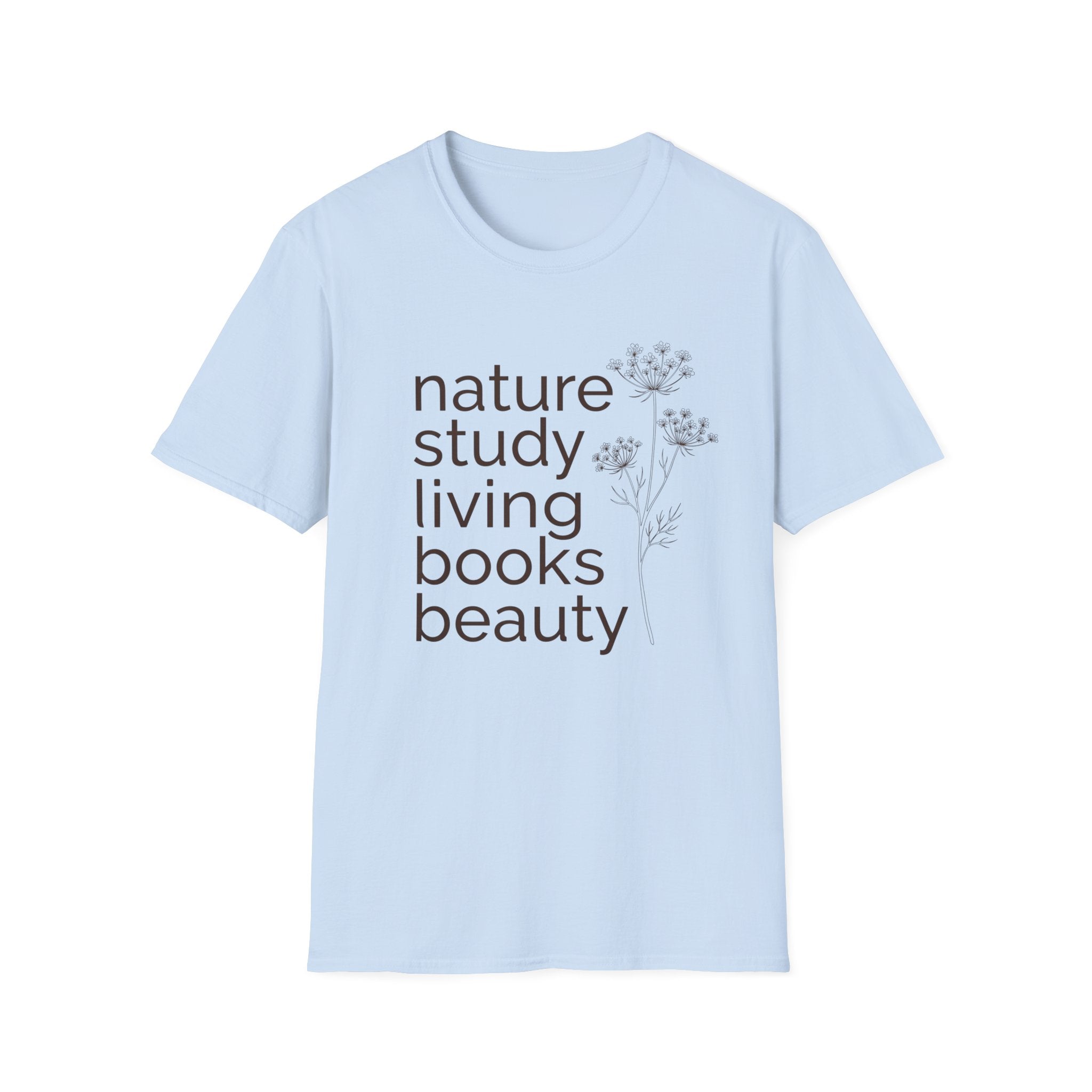 Nature Study, Living Books, Beauty homeschool mom graphic t-shirt with a faith-filled homeschool design with gentle lettering and classic illustrative details