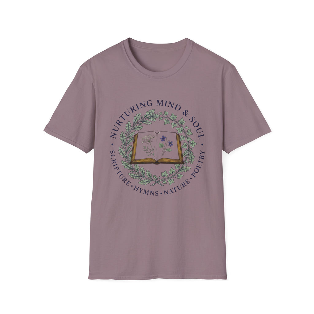Nurturing Mind & Soul homeschool mom graphic t-shirt with a warm homeschool-inspired graphic with thoughtful lettering