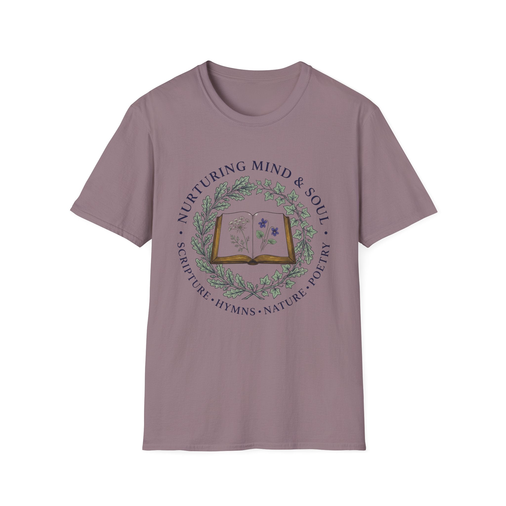 Nurturing Mind & Soul homeschool mom graphic t-shirt with a warm homeschool-inspired graphic with thoughtful lettering