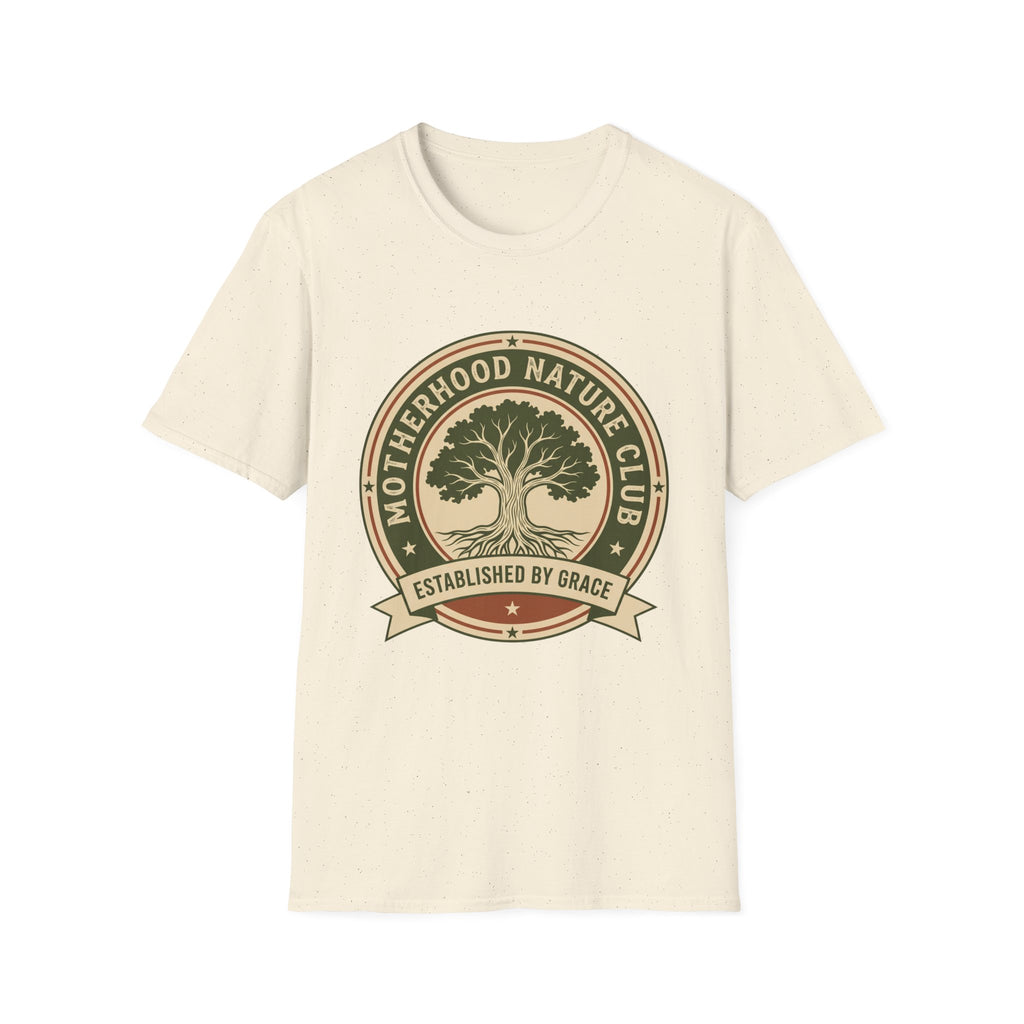 Motherhood Nature Club homeschool mom graphic t-shirt with a faith-filled homeschool design with gentle lettering and classic illustrative details