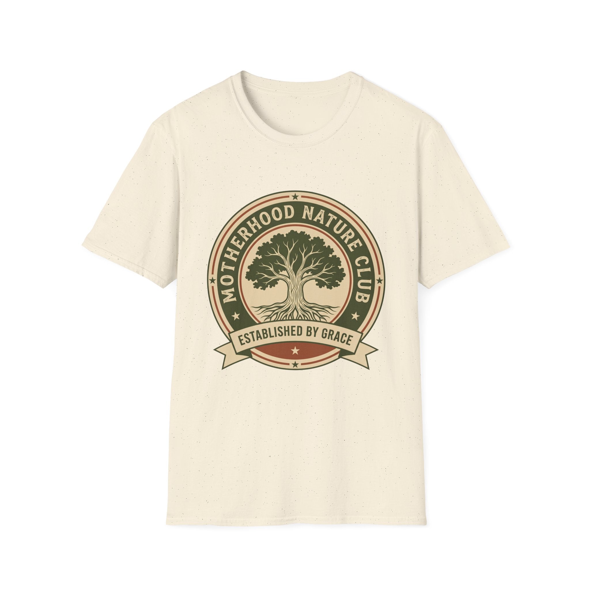 Motherhood Nature Club homeschool mom graphic t-shirt with a faith-filled homeschool design with gentle lettering and classic illustrative details