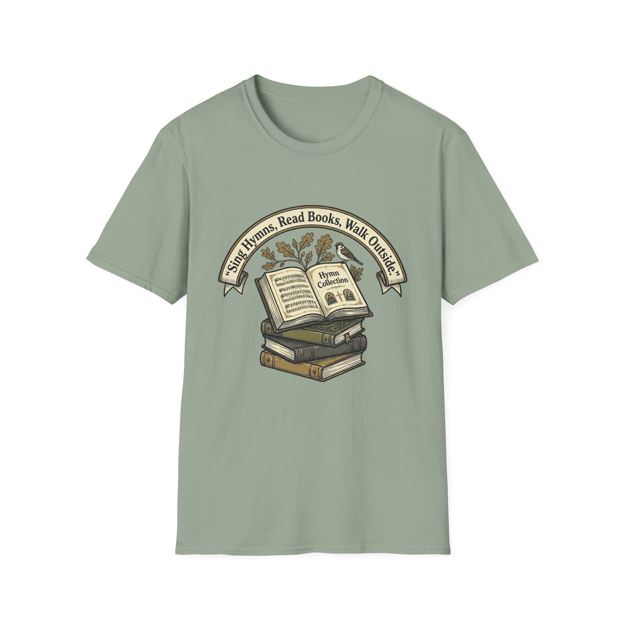Sing Hymns, Read Books, Walk Outside homeschool mom graphic t-shirt with a faith-filled homeschool design with gentle lettering and classic illustrative details