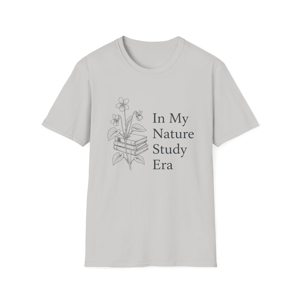 Nature Study Era homeschool mom graphic t-shirt with a Charlotte Mason-inspired design with books, nature details, and vintage homeschool charm