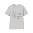 Nature Study Era homeschool mom graphic t-shirt with a Charlotte Mason-inspired design with books, nature details, and vintage homeschool charm