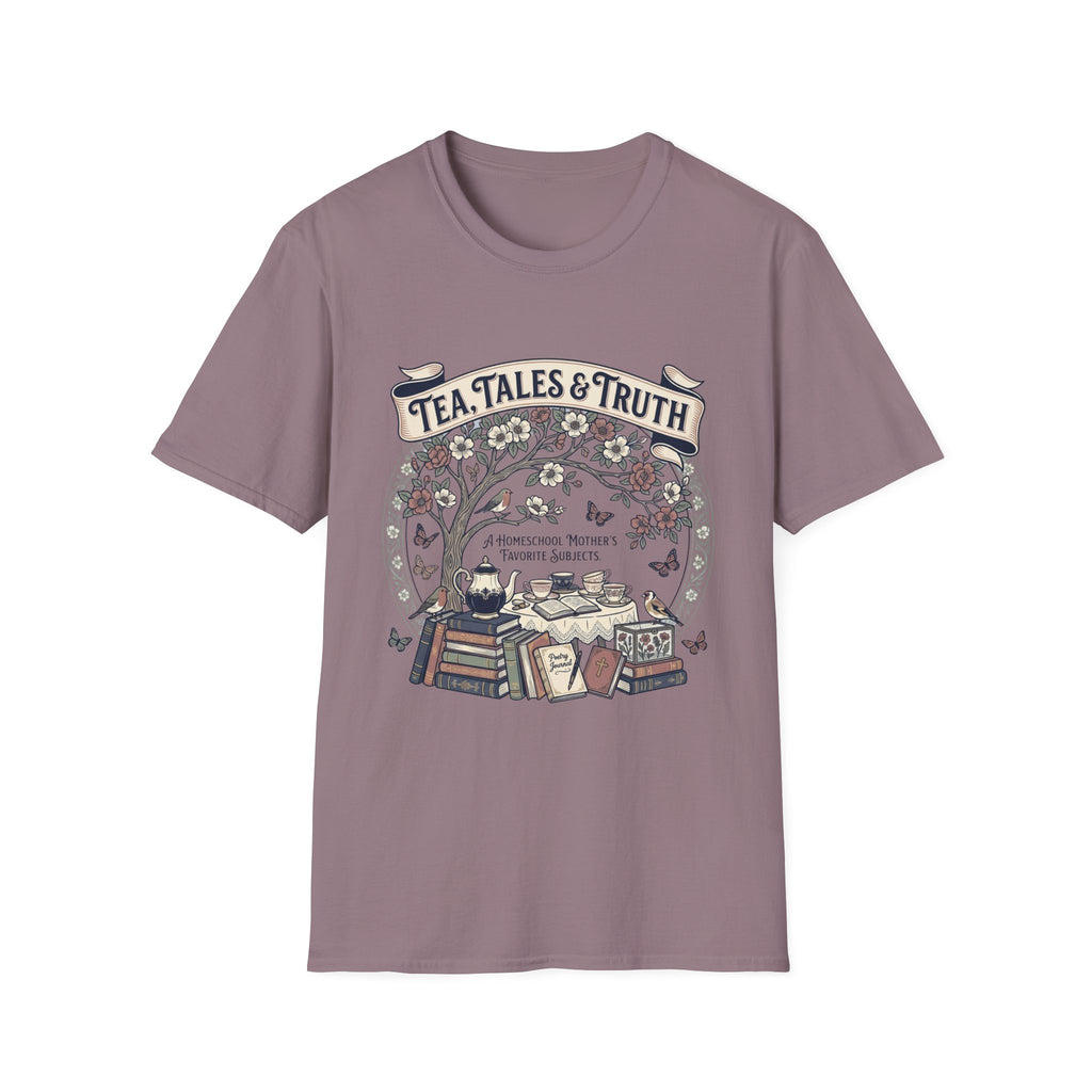 Tea, Tales, & Truth homeschool mom graphic t-shirt with a faith-filled homeschool design with gentle lettering and classic illustrative details