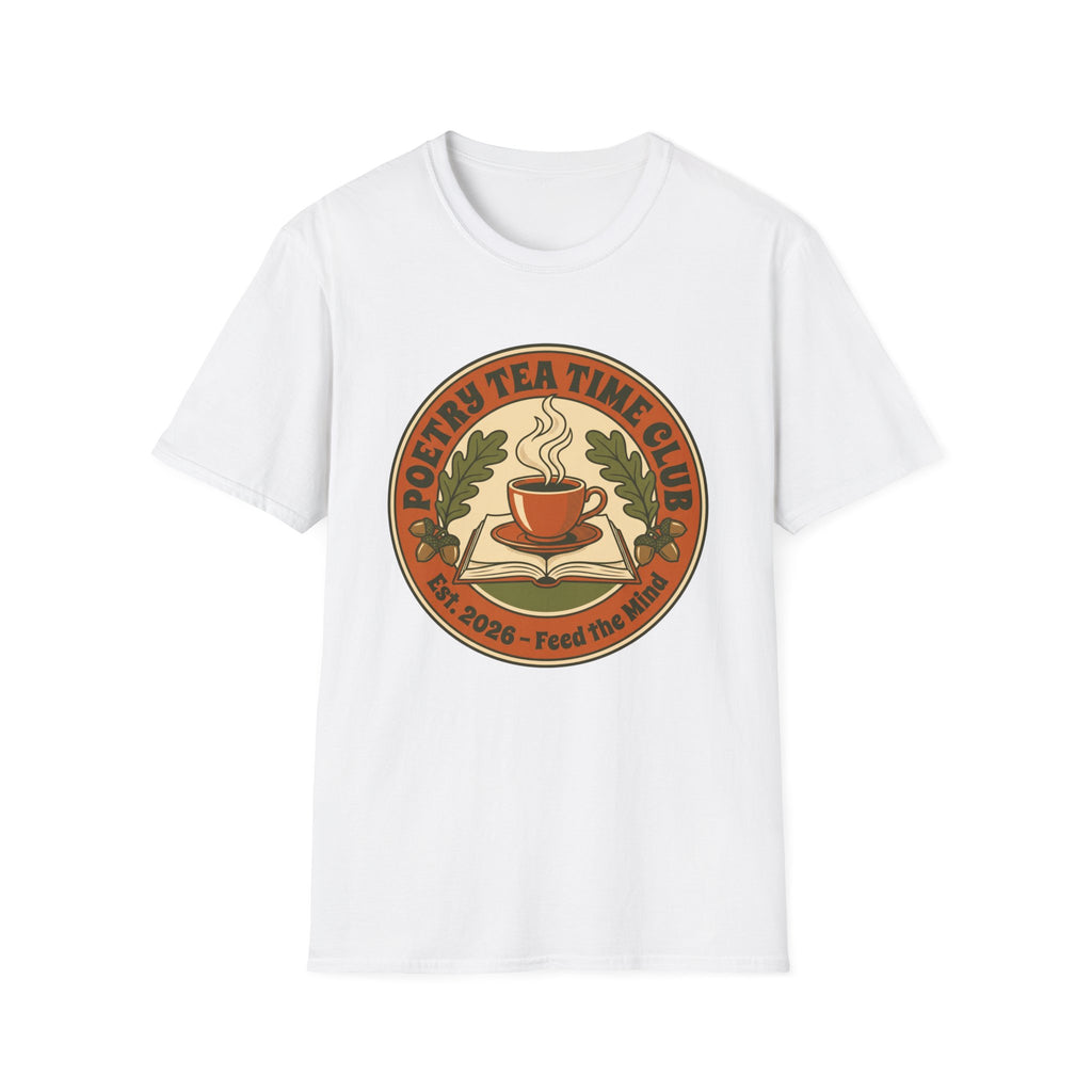 Poetry Tea Time Club homeschool mom graphic t-shirt with a cozy poetry teatime graphic with tea, books, and vintage homeschool charm