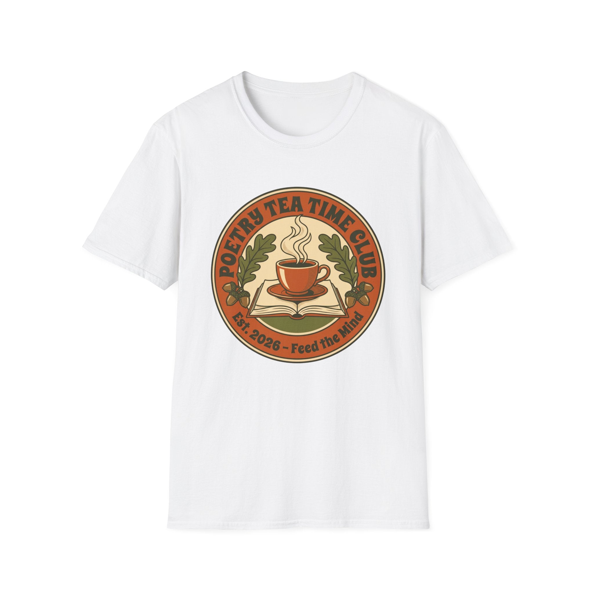Poetry Tea Time Club homeschool mom graphic t-shirt with a cozy poetry teatime graphic with tea, books, and vintage homeschool charm