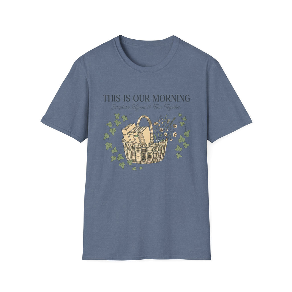 This Is Our Morning homeschool mom graphic t-shirt with a gathered-at-home inspired graphic with books, florals, and cozy family learning details