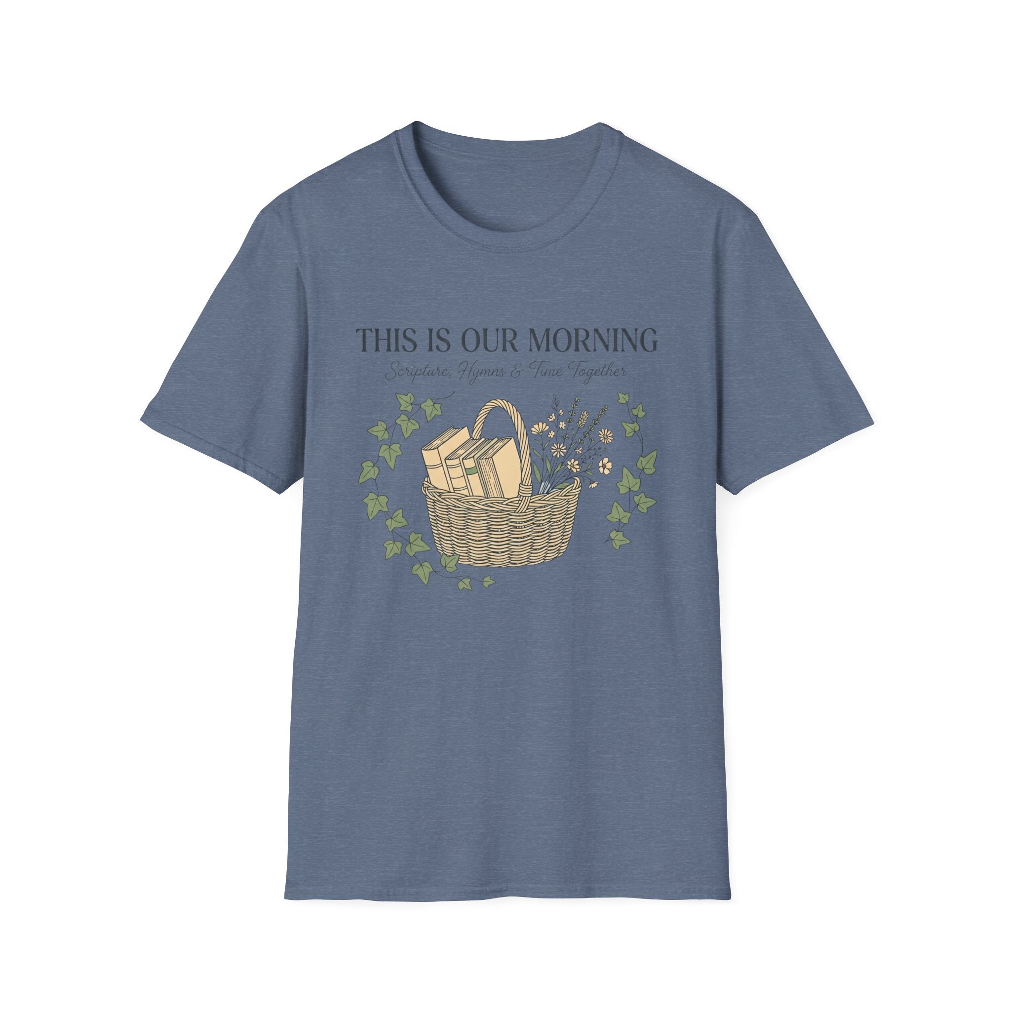 This Is Our Morning homeschool mom graphic t-shirt with a gathered-at-home inspired graphic with books, florals, and cozy family learning details