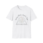 Raising Thinkers, Rooted in Faith Floral Book homeschool mom graphic t-shirt with a faith-filled homeschool design with gentle lettering and classic illustrative details