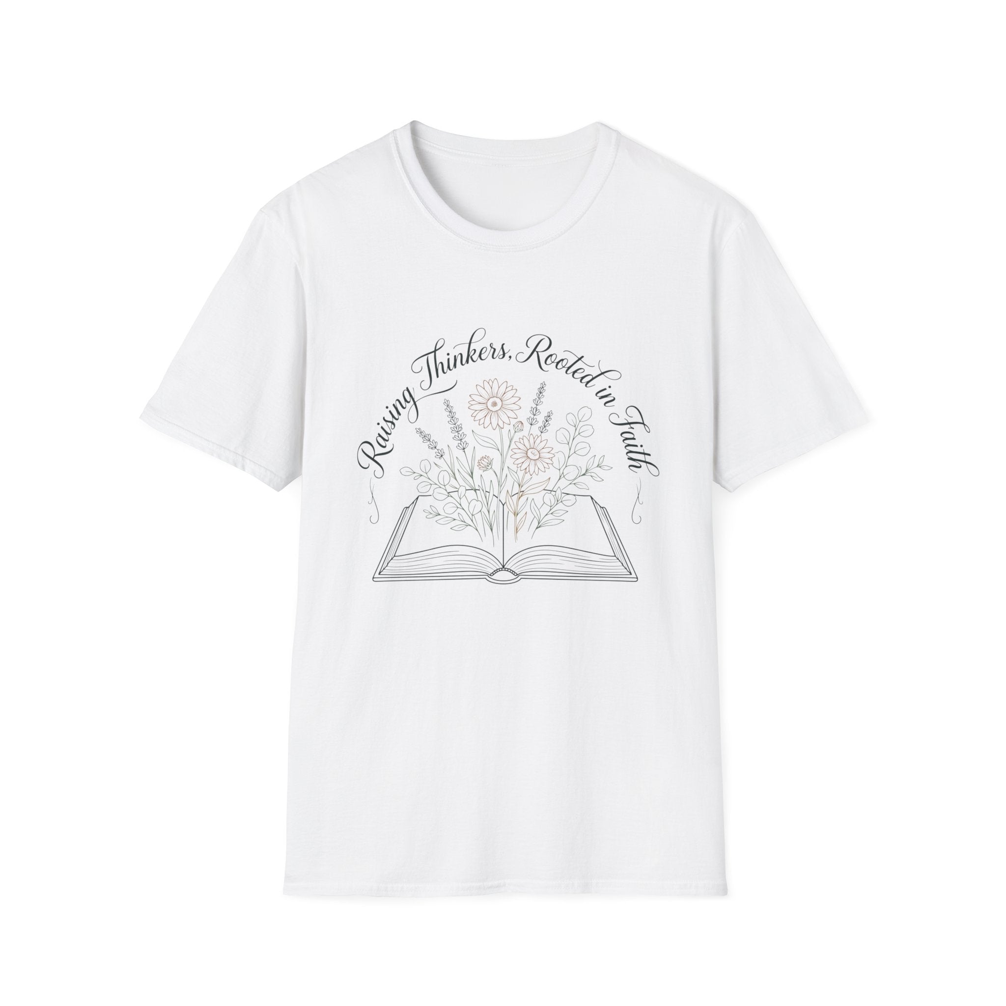 Raising Thinkers, Rooted in Faith Floral Book homeschool mom graphic t-shirt with a faith-filled homeschool design with gentle lettering and classic illustrative details
