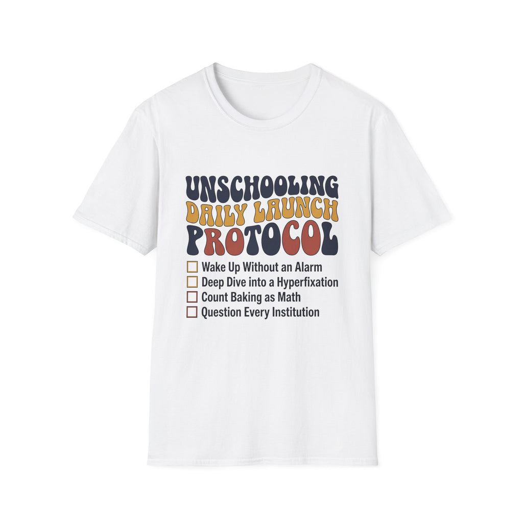 Unschooling Protocol homeschool mom graphic t-shirt with an adventurous homeschool graphic with nature, books, and outdoor learning energy