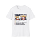 Unschooling Protocol homeschool mom graphic t-shirt with an adventurous homeschool graphic with nature, books, and outdoor learning energy