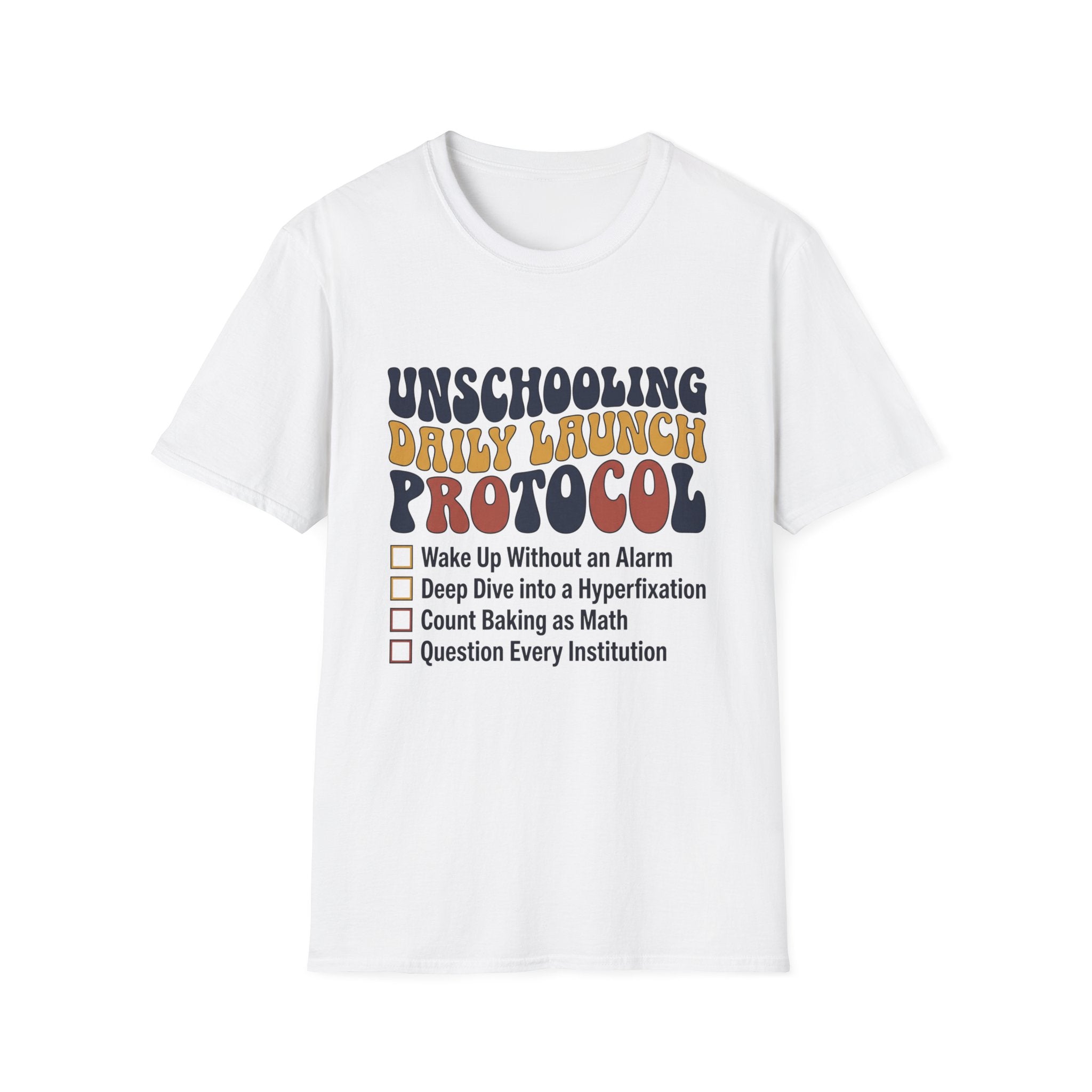 Unschooling Protocol homeschool mom graphic t-shirt with an adventurous homeschool graphic with nature, books, and outdoor learning energy