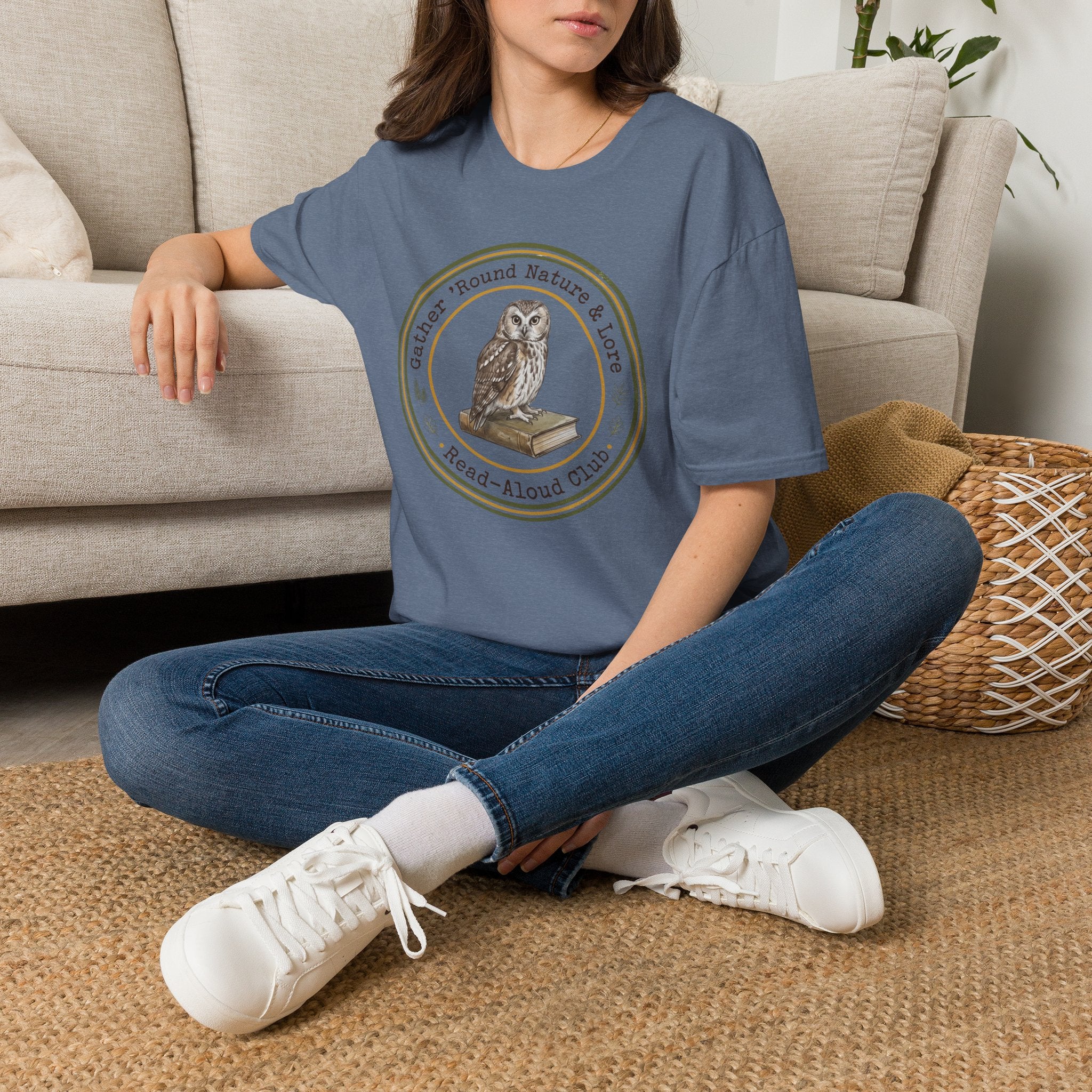 Gather Round Nature & Lore homeschool mom graphic t-shirt with a Charlotte Mason-inspired design with nature details, bookish elements, and classic homeschool lettering