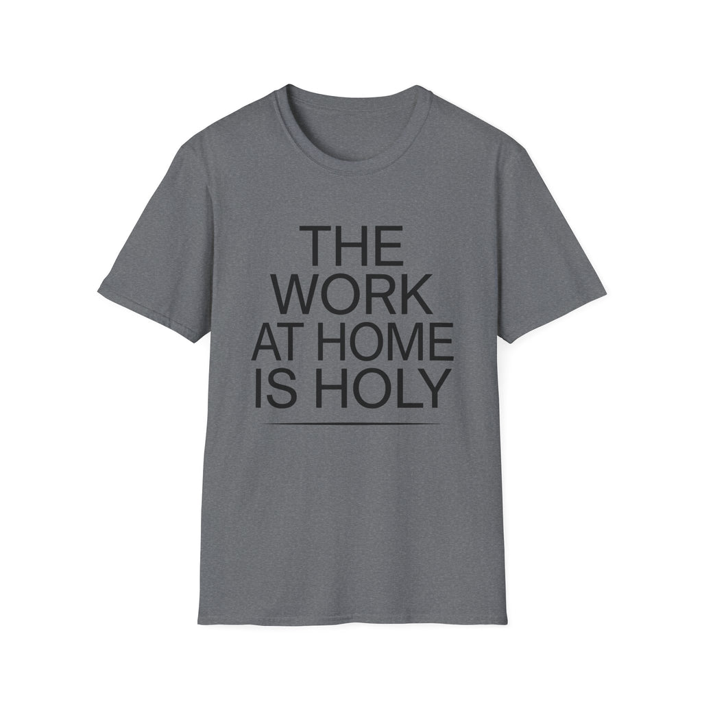 Work At Home Is Holy homeschool mom graphic t-shirt with a gathered-at-home inspired graphic with books, florals, and cozy family learning details
