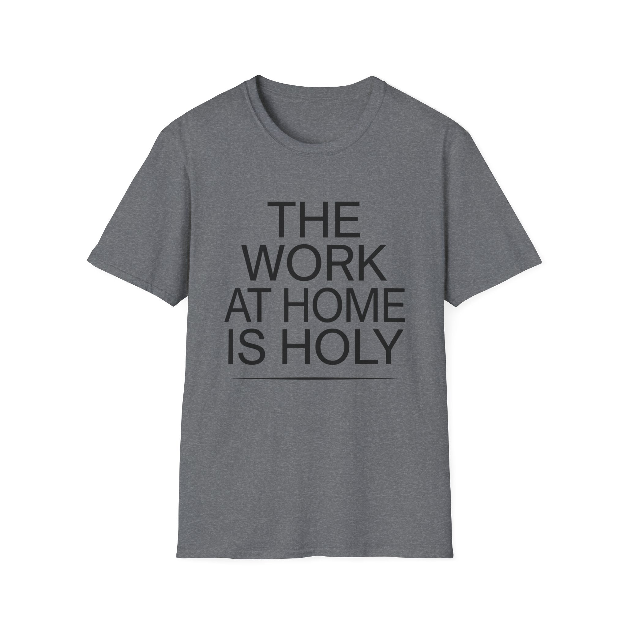 Work At Home Is Holy homeschool mom graphic t-shirt with a gathered-at-home inspired graphic with books, florals, and cozy family learning details
