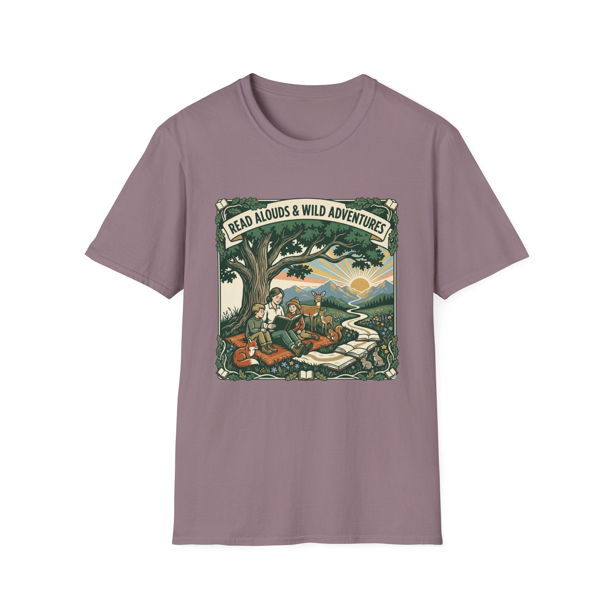 'Read Aloud & Wild Adventures homeschool mom graphic t-shirt with an adventurous homeschool graphic with nature, books, and outdoor learning energy