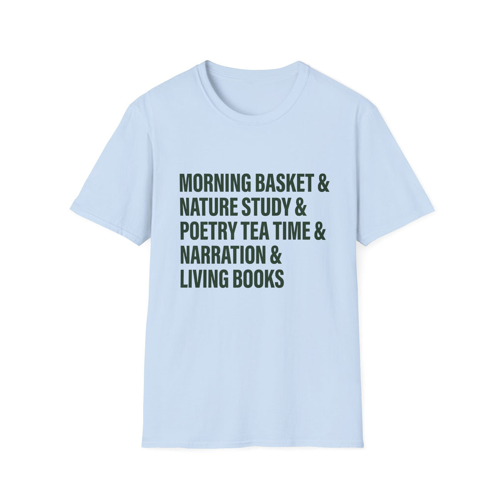 Narration Check List homeschool mom graphic t-shirt with a playful checklist-style homeschool graphic with bookish and nature-inspired details